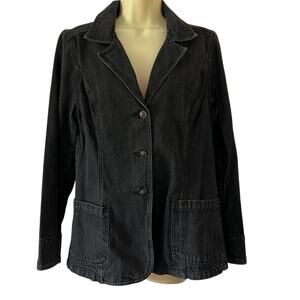 St John’s Bay Black Denim Blazer Jacket Woman Size Medium Casual Classic Preppy